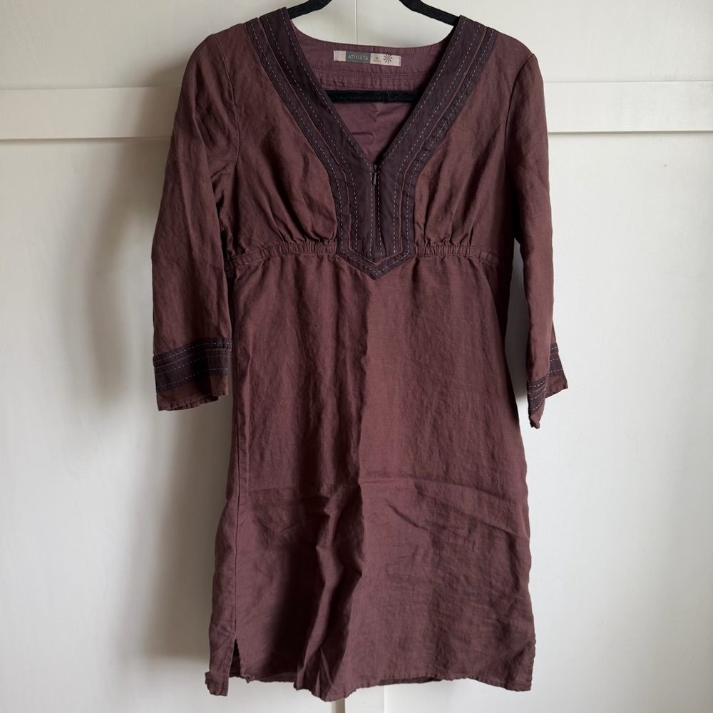 VTG Athleta Brown Linen Midi Dress Lanai Boho 3/4 Sleeves Sz XS